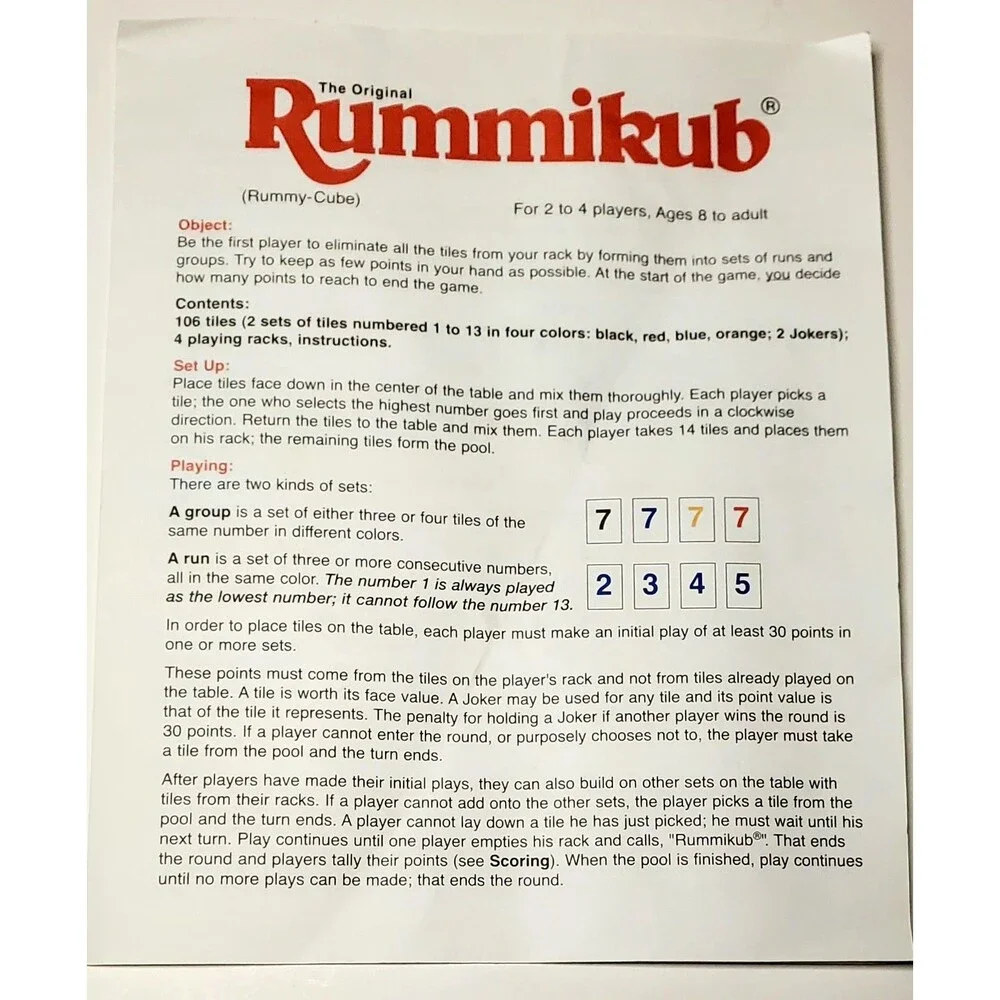 Deluxe Edition Rummikub 1997 Instructions Only Original Rules Booklet
